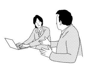 illustration material:説明を受けながらパソコンを使う生徒/白黒(Students using computers while receiving explanations/monochrome)