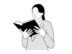 illustration material:厚い本を読む生徒/白黒(student reading a thick book/monochrome)