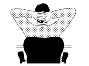 illustration material：椅子に座り頭の後ろで手を組む生徒の後ろ姿/白黒(Rear view of a student sitting on a chair with his hands behind his head/monochrome)