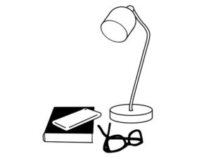 illustration material：本とスマホとメガネとデスクライト/白黒(Books, smartphones, glasses, and desk lights/monochrome)