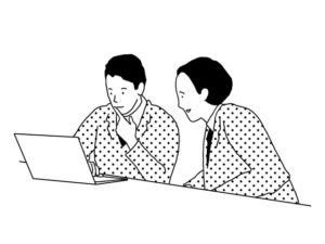 illustration material：パソコンをのぞき込む生徒たち/白黒(Students looking at computers/monochrome)