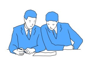 illustration material：机の上のプリントをのぞき込む生徒たち/カラー(Students looking at the handout on the desk/color)