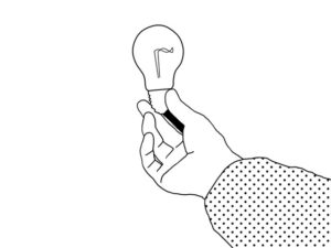 illustration material:電球を持つ生徒の手元/白黒(Student’s hand holding a light bulb/monochrome)