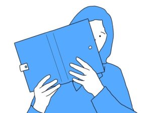 illustration material:カバー付きの本越しに顔をのぞかせる生徒/カラー(A student peeking through a book with a cover/color)