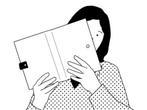 illustration material:カバー付きの本越しに顔をのぞかせる生徒/白黒(A student peeking through a book with a cover/monochrome)