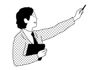 illustration material:ノートを片手に持ちもう片方の手でポイントを指し示す生徒/白黒(A student holding a notebook in one hand and pointing to a point with the other hand/monochrome)