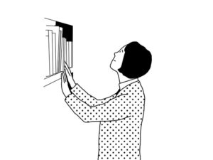 illustration material:本棚から本を取り出す生徒/白黒(Student taking out a book from the bookshelf/monochrome)