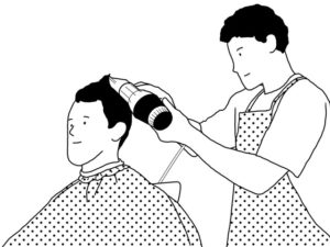 illustration material:お客様の髪を乾かしている美容師/白黒(Hairdresser drying a customer’s hair/monochrome)