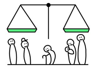 illustration material：中学校社会科公民的分野・公共の福祉・何も乗っていない天秤と社会の人々/カラー(public welfare image02/color)