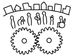 illustration material：中学校社会科公民的分野・国民の義務・かみあっているふたつの歯車と社会と人々・ふたつの歯車にはなにが入るのか空いた部分に自由に書き込めます/白黒(Citizen’s duty image/monochrome)